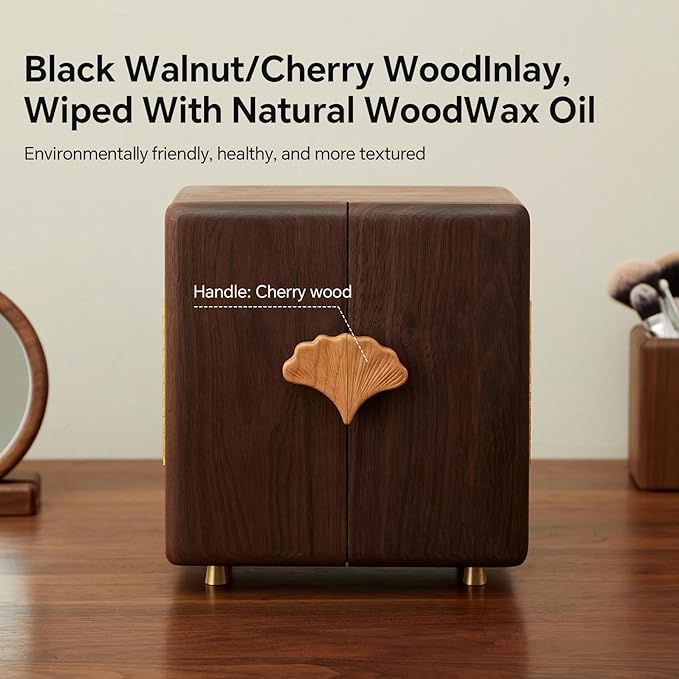 Solid Black Walnut Wood Jewelry Box for Women & Men, Large Velvet Lined Wooden Jewelry Organizer with 5 Drawers, Hand Carved Ginkgo Leaf Handles, Double Door Wardrobe Design