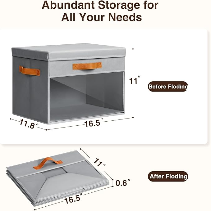 Homsorout Large Storage Bins with Lids - 6 Pack Foldable Decorative Organizers with Clear Windows & Handles, Cube Storage Organizers for Clothes, Blankets, Sweaters, CD, Grey