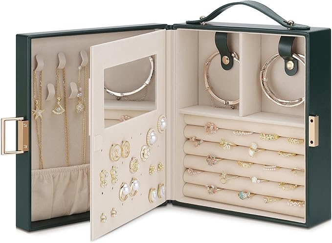 DesignSter Travel Jewelry Case for Woman, Portable Jewelry Travel Box with Mirror, PU Leather Small Jewelry Organizer with Handle for Rings Earrings Bracelets Necklaces(Dark Green & Brown)