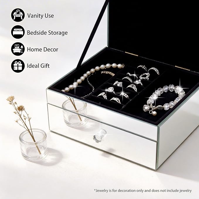 2 Layer Mirror Glass Jewelry Box with Crushed Diamond Decor, Velvet-Lined Trinket Organizer for Rings Earrings Necklaces Bracelets - Elegant Treasure Chest Storage Case for Women Girls