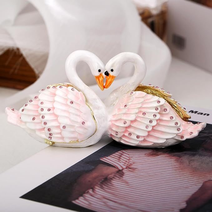 Hand Painted Animal Trinket Box for Home Decor, Hinged Jewelry Organizer Storage, Unique Personalized Collectible Keepsake Figurine Handmade Decorative Ornament Gifts (Swan Couple)
