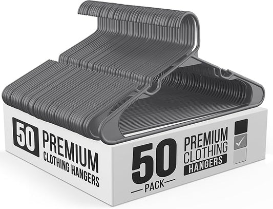 Our Modern Space 50 Pack Adult Plastic Hanger for Shirt Pants Coats Dresses Skirts Suits Jackets - Standard Thick Coat Hanger - Sturdy & Durable Design with Shoulder Grooves Hook - Grey