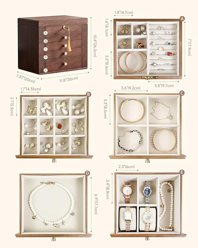 Black Walnut Wooden Jewelry Box Wood Jewelry Organizer with 2 Side Doors Mirror Lockable Classical Style for Watch Necklace Ring Earring Storage Mothers Day Gifts for Mom-5 Layer