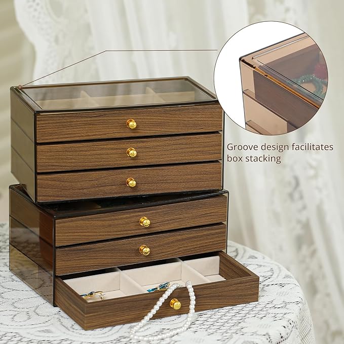 CLUQMEIK 3 Layer Acrylic Case Wooden Drawer Jewelry Organizer with Velvet Lining, Jewelry Box for Women and Girls to Store Rings Earrings Bracelets Necklaces（B）