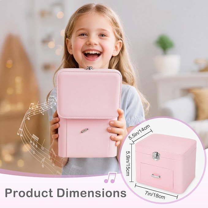 Basumee Musical Jewelry Box for Girls PU Leather Music Box with Drawer Large Kids Jewelry Organizer with Unicorn/Ballerina Jewelry Storage for Little Girls Ages 3–10, Birthday & Holiday Present