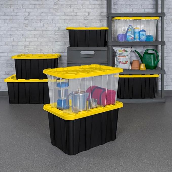 Sterilite 12 Pack Industrial Tote Organizers, Plastic Storage Container Bins with Lids, 27 Gallon - Heavy-Duty Organizing Containers for Closet, Bathroom, and Office