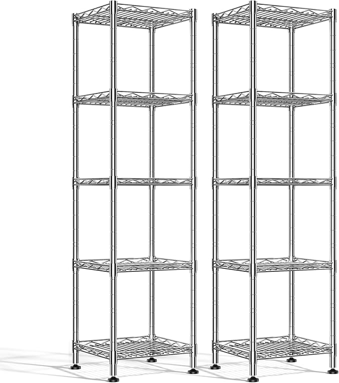 DurayLoly Set of 2 Metal Shelving-5 Tier Storage Shelves:AdjustableShelving and Units Standing Shelving Storage Rack Narrow Shelf for Kitchen Pantry Closet Office 12''Wx12''Dx49''H Chrome