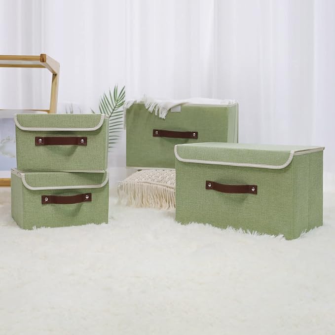 ANMINY 4PCS Storage Bin with Lid Storage Boxes with PU Leather Handles PP Plastic Board Decorative Foldable Lidded Cotton Linen Fabric Home Cubes Baskets Closet Organizer Container - Green, Medium