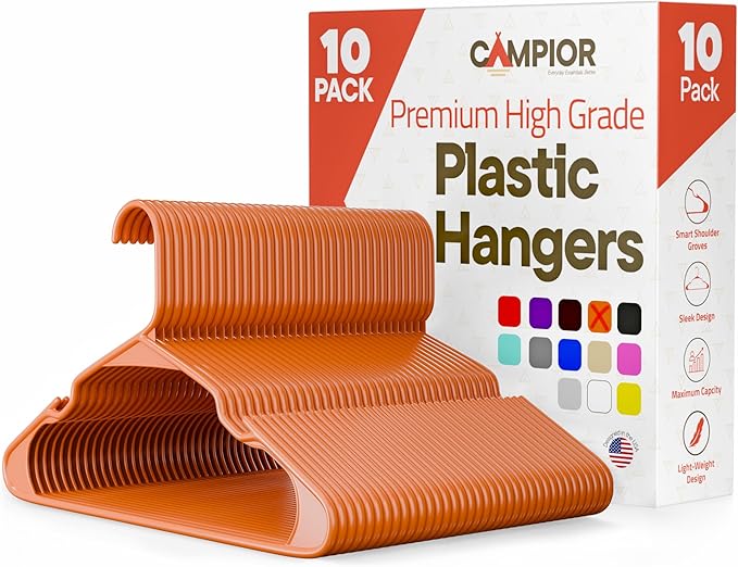 Plastic Clothes Hangers – Heavy Duty Hanger Set, for Organizing Clothes, Dresses, and Coat, Holds Up to 5 lbs, Space-Saving Hangers with Non-Slip Shoulder Grooves, Pack of 10, Orange
