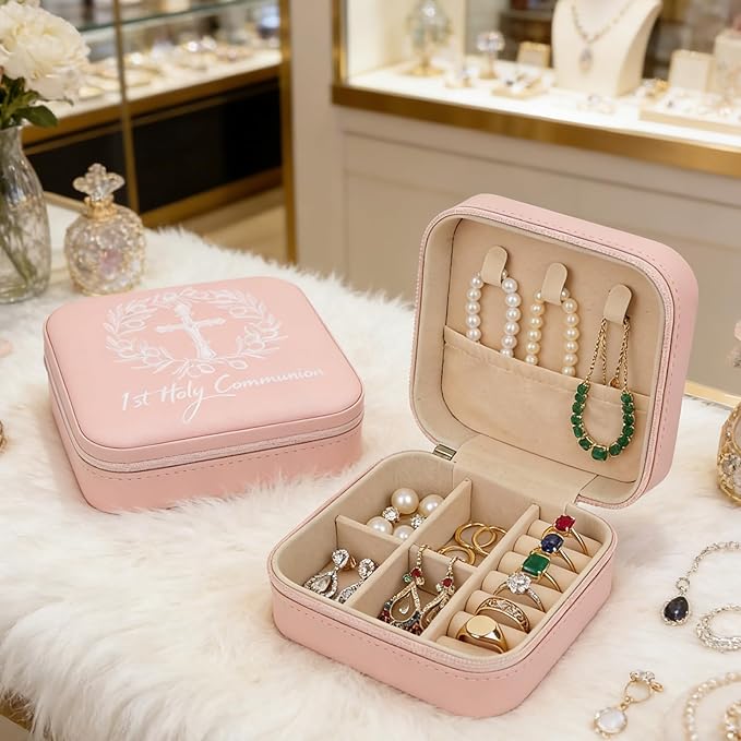 2 Pcs First Communion Travel Jewelry Box, Small Pink Case with Zipper & Soft Lining, Christian Keepsake Organizer for Rings Earrings Necklaces, Religious Keepsake Gift for Girls (2, Pink)