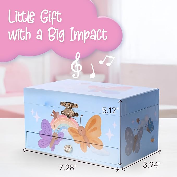 The Memory Building Co Butterfly Musical Jewelry Box Plays Classic Melody, Storage Organizer Music Box for Kids Ages 6-12, MDF Wood w/ 2 Fabric Lined Ring Bracelet Necklace Treasure Compartments