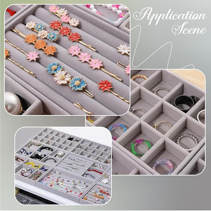 2Pcs 5 x 8.3 Inch Jewelry Drawer Inserts Velvet Jewelry Tray Gray 15 Grids Dresser Earring Drawer with Removable Divider Necklace Organizer Storage Container for Bracelet Ring Watch Display