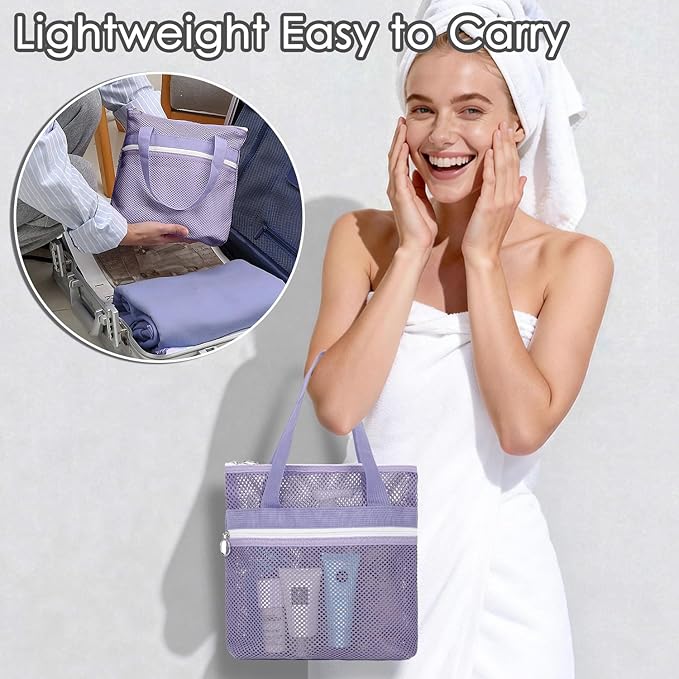 GYEUKHAM Mesh Shower Caddy Portable Shower Bag for Travel, Gym, Camping – Quick-Dry Hanging Toiletry Organizer with Zipper Pockets for Bathroom Essentials,Purple