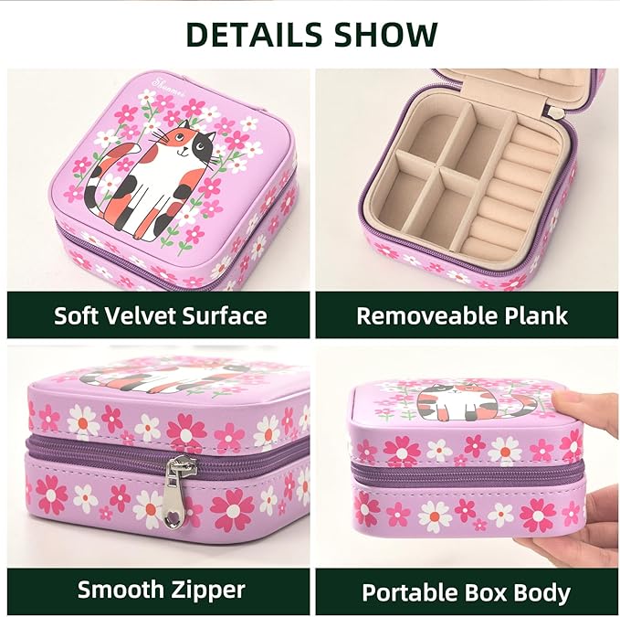 shunmei Mini Travel Jewelry Box,PU Leather Portable Jewelry Organizer Case,Art Accessories Storage Holder Boxes for Earring, Necklace, Rings, Bracelets (Pink Cat)