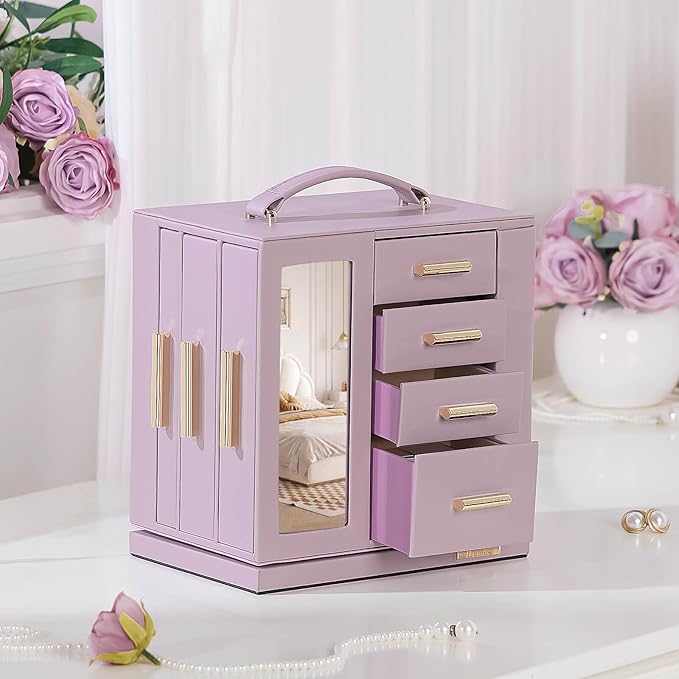 Homde Jewelry Box 360° Rotating, Necklace Earring Organizer with Transparent Window, Mirror, 7 Drawers, Large Ring Display Storage Case for Girls Women (Grey Purple)