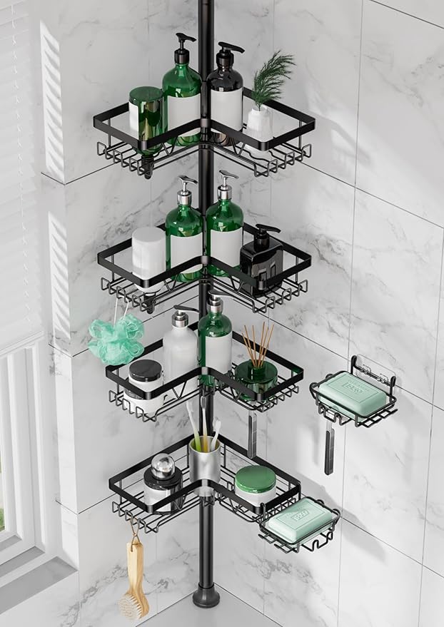 DAOYA Tension Pole Shower Caddy, 4-Tier Stainless Steel Shower Organizer with 2 Removable Soap Holders, 25 to 114.2 Inches, for Bathtub/Bathroom Corner, Renters Friendly, Black