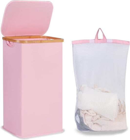 iEGrow Laundry Hamper with Lid, 110L Large Laundry Basket with Handle and Lid, Collapsible Clothes Basket Organizer with Removable Inner Bag for Clothes Toys Towels,Pink