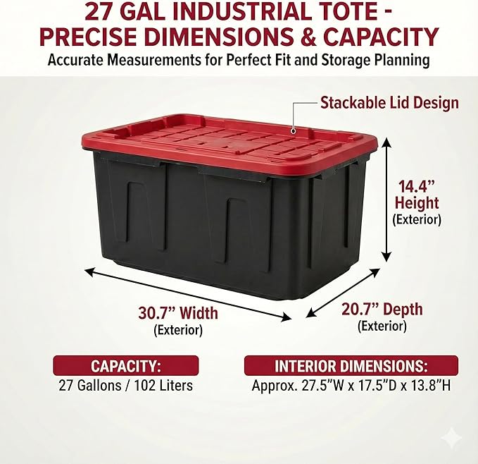 27 Gal Industrial Tote,4 Pack Plastic Storage Bins with Lids Tough Large Storage Bin,Black with Red Lid Plastic Storage,Stackable & Nestable for Garage, Basement, or Outdoor (4 Pack)