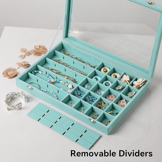 Frebeauty 40 Grid Jewelry Tray,Adjustable Earring Holder Organizer with Glass Lid,Velvet Drawer Jewelry Organizer for Rings,Studs,13.8 x 9.5 x 2 Inches Jewelry Display Box,Gift for Women(Turquoise)