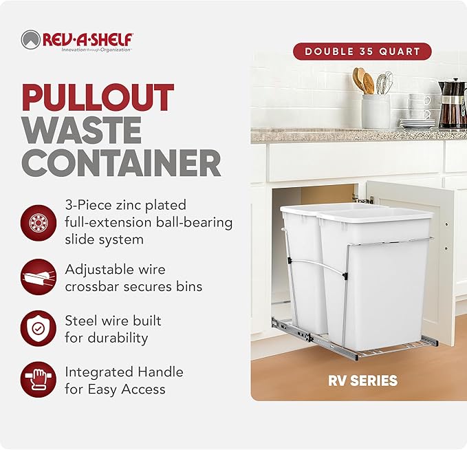 Rev-A-Shelf RV-18KD-11C S Double Pullout Trash Can for Kitchen Cabinets 35 Qt Garbage Recycling Bin on Full-Extension Slides, White