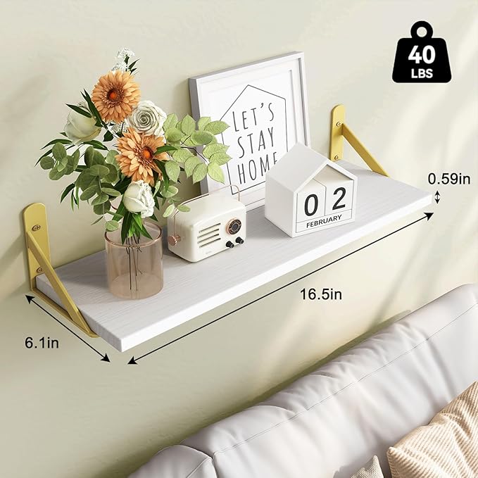 Fixwal Floating Shelves for Wall, Wood Wall Mounted Shelves for Bedroom, Bathroom, Living Room, Kitchen Storage and Decor(White, Set of 3, 16.5 Inch)