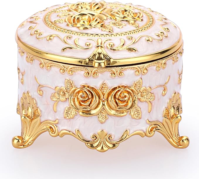 Hipiwe Vintage Round Jewelry Box Small Trinket Storage Organizer Box Gold Metal Chest Ring Case Treasure Box Keepsake Box Earrings Necklace Storage Box Gift for Women, Small