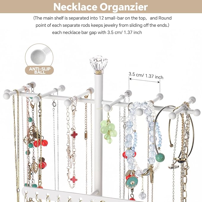 Meangood Jewelry Organizer Stand, 15.6" H Jewelry Tree Display Holder Stand for Bracelets Necklaces Earrings Rings, Gift for Women Girls (White)