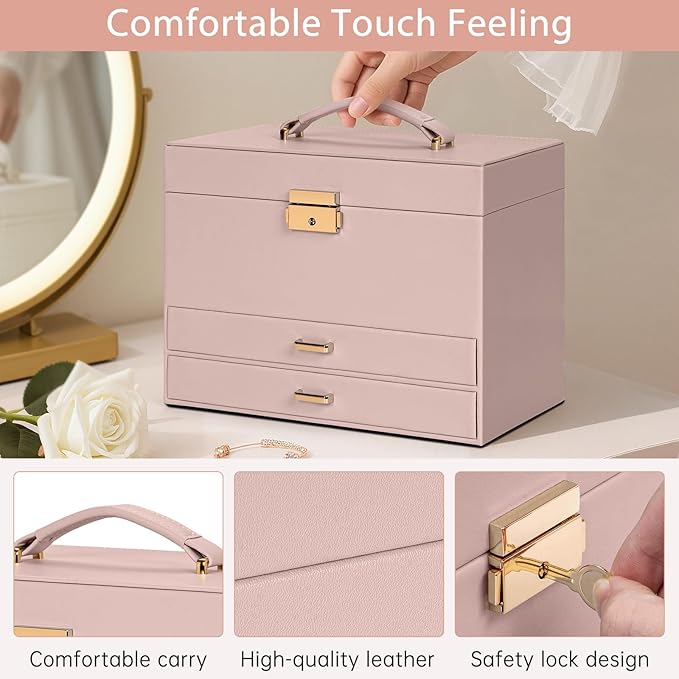 AKOZLIN Travel Jewelry Box Organizer Functional 2-trays Leather Jewelry Storage Case with Lockable Portable 2 Drawers for Women Girls Ring Necklace Earring Bracelet