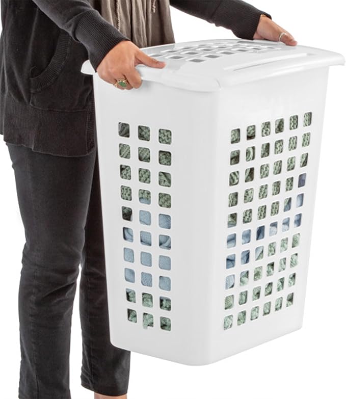 Sterilite Rectangular LiftTop Laundry Hamper with Lid, Handles to Easily Carry Clothes Between the Laundry Room and Bedroom, Plastic, White, 16-Pack
