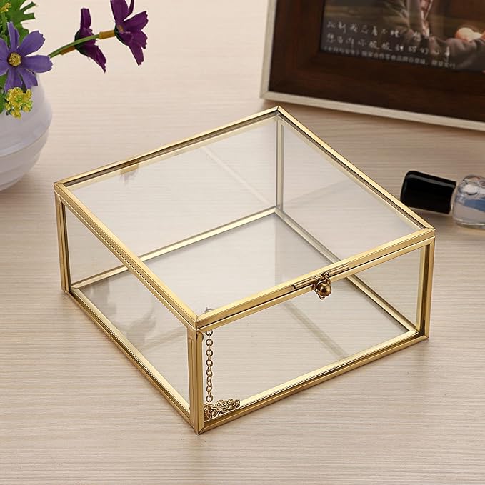 Hipiwe Vintage Glass Jewelry Organizer Box - Golden Metal Keepsake Box Desktop Jewelry Organizer Holder, Wedding Birthday Gift, Square Vanity Decorative Box for Dresser,Bathroom