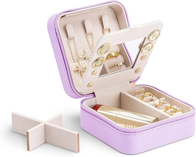 Vlando Small Travel Jewelry Box Organizer - Mirrored Carry-on Jewelries Necklaces Rings Earrings Necklace Storage Case, Purple