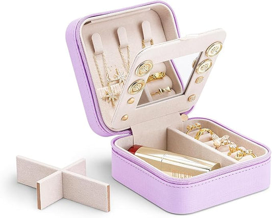 Vlando Small Travel Jewelry Box Organizer - Mirrored Carry-on Jewelries Necklaces Rings Earrings Necklace Storage Case, Purple