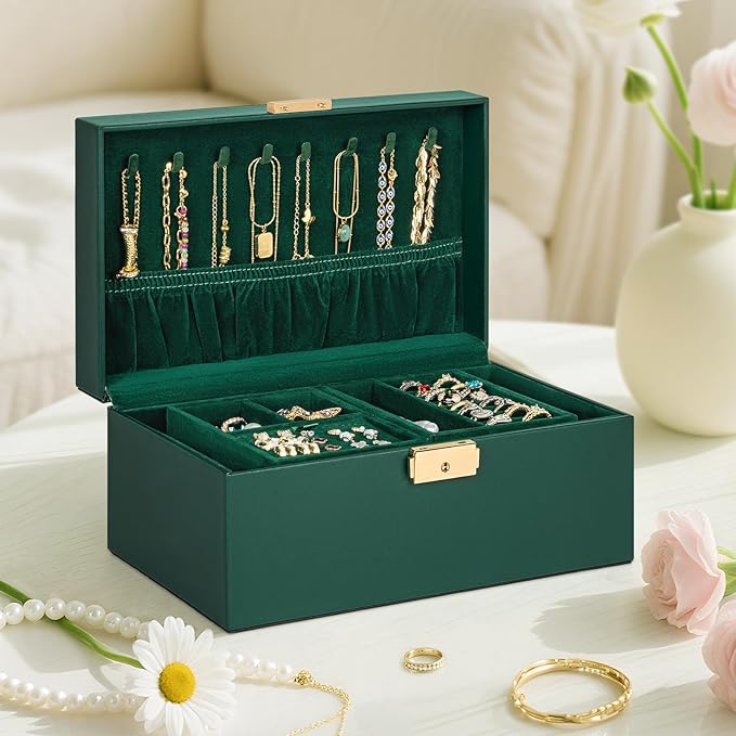 AKOZLIN Travel Jewelry Box Organizer Functional 2-trays Leather Jewelry Storage Case with Lockable Portable for Women Girls Ring Necklace Earring Bracelet