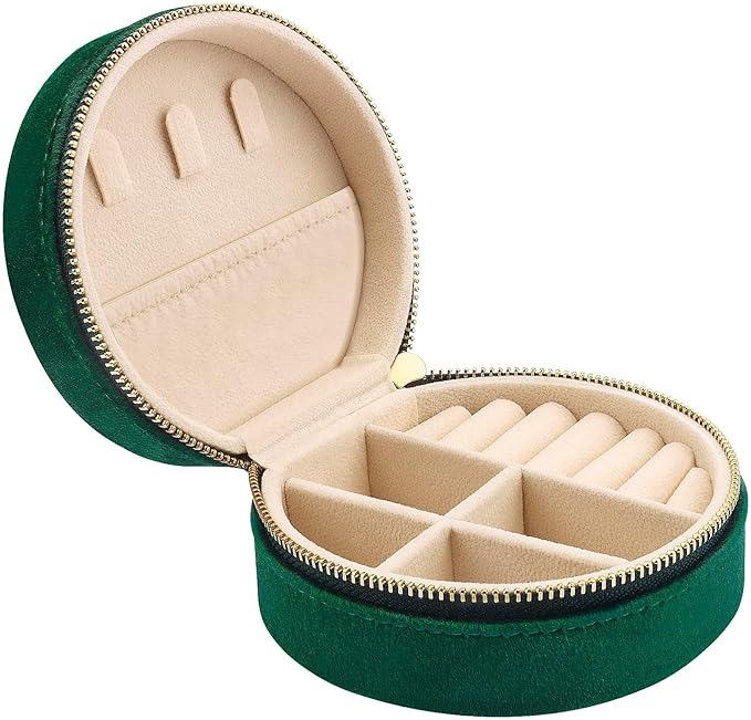 DesignSter Travel Jewelry Box - Velvet Mini Jewelry Organizer, Small Jewelry Case for Girls Women, Jewelry Storage Box for Rings Earrings Necklace (Circular, Emerald Green)