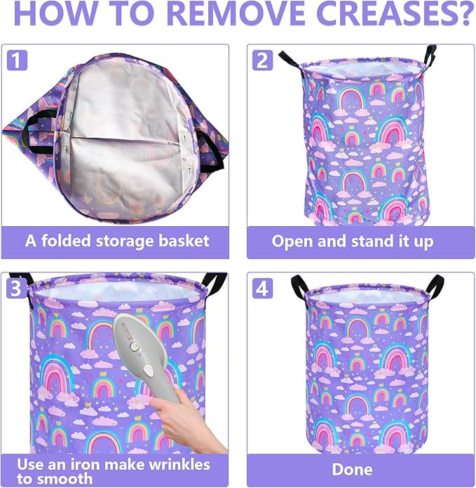 Collapsible Kids Laundry Basket Clothes Hamper, Foldable Storage Organizer Bin, Toy Clothes Storage with Handles for Boys Girls Bedroom, Room Decor Purple Rainbown