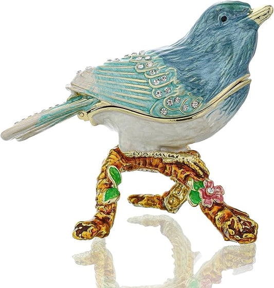 YU FENG Enamel Bird Trinket Box Jewelry Organizer, Hand Painted Decorative Hinged Keepsake Box – Blue Green Perched Bird