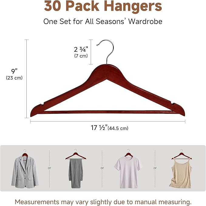 StorageWorks Wooden Hangers 30 Pack, Wood Coat Hangers for Closet, Heavy Duty Clothes Hangers for Suits, Shirts, Pants, Jackets, Dark Cherry Color