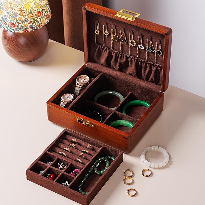 Solid Walnut Wood Jewelry Box with Lock,2 Layer Velvet Lined for Earrings Rings Necklaces Bracelets Watches,Both Style and Security, for Men Women,Vintage Brown
