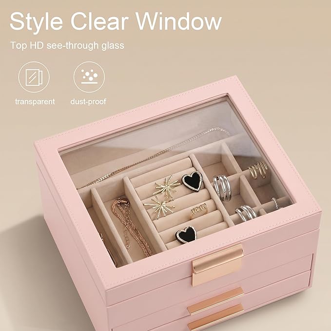Somduy Jewelry Box Organizer for Women,3 Layers Jewelry Storage Display Box with Glass Lid,Gift for Christmas,3 Drawers,Large Capacity for Necklace Earrings Bracelets Rings,Pink