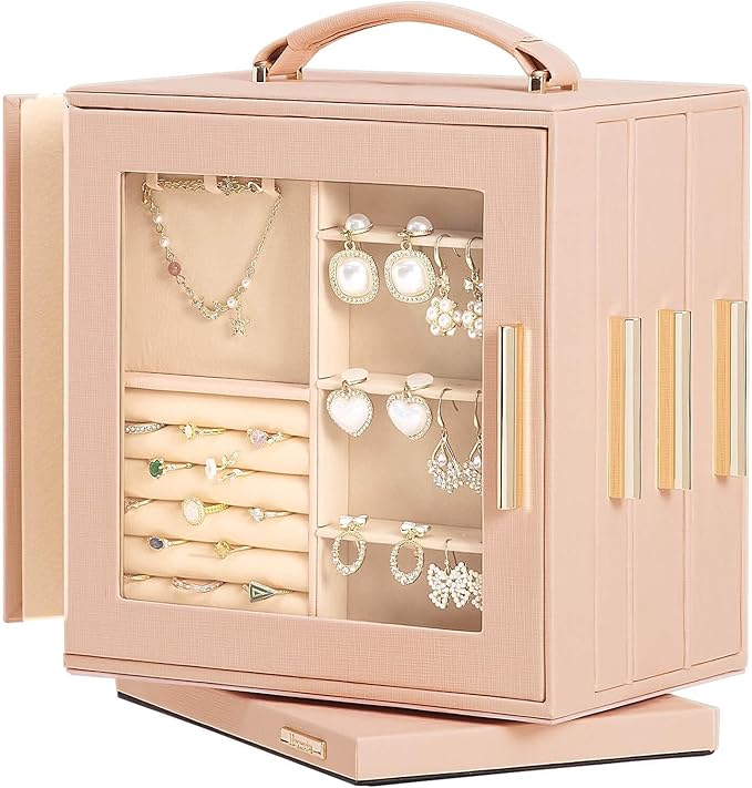 Homde Jewelry Box 360° Rotating, Necklace Earring Organizer with Transparent Window, Mirror, 7 Drawers, Large Ring Display Storage Case for Girls Women (Peach Pink)