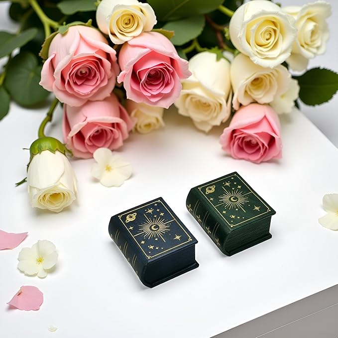 Book Shaped Ring Box - Vintage Engagement Ring Box with Hinged Lid for Proposal Engagement Wedding, Proposal Ring Case with Magnetic Closure-PRB011-Green