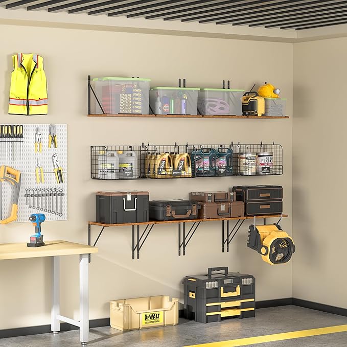 ThreeHio 2 Pack Garage Shelves Wall Mounted with Wire Storage baskets, Heavy Duty Garage Wall Shelving with Hooks, Wooden floating shelves Tool Organizer for Home Garden Garage Organizers and Storage