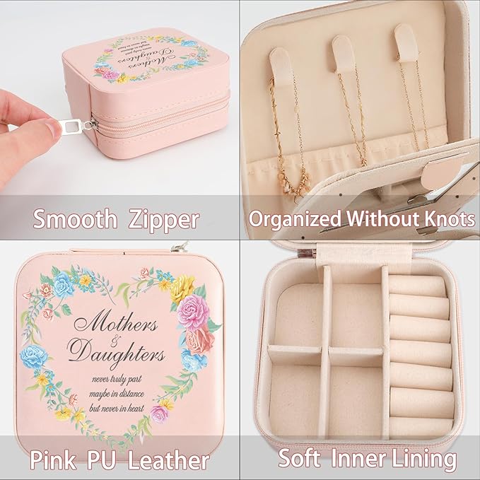 Daughter Gifts Mothers And Daughters Never Truly Part Jewelry Box Valentines Mothers Day Birthday Gifts for Daughter from Mom Christmas Graduation Gift for Daughters Adult Pink Jewelry Case