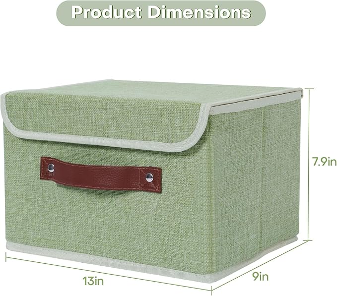 ANMINY 2PCS Storage Bin with Lid Storage Boxes with PU Leather Handles PP Plastic Board Decorative Foldable Lidded Cotton Linen Fabric Home Cubes Baskets Closet Organizer Container - Green, Medium