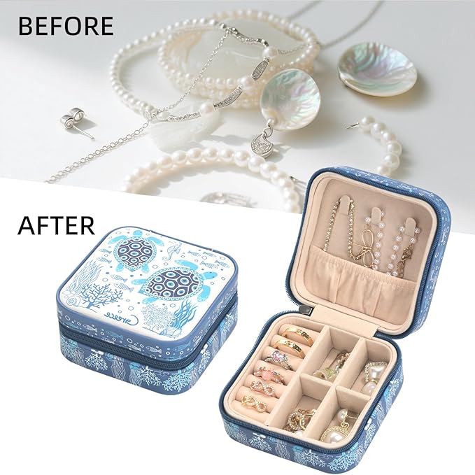 shunmei Mini Travel Jewelry Box,PU Leather Portable Jewelry Organizer Case,Art Accessories Storage Holder Boxes for Earring, Necklace, Rings, Bracelets (Turtle)