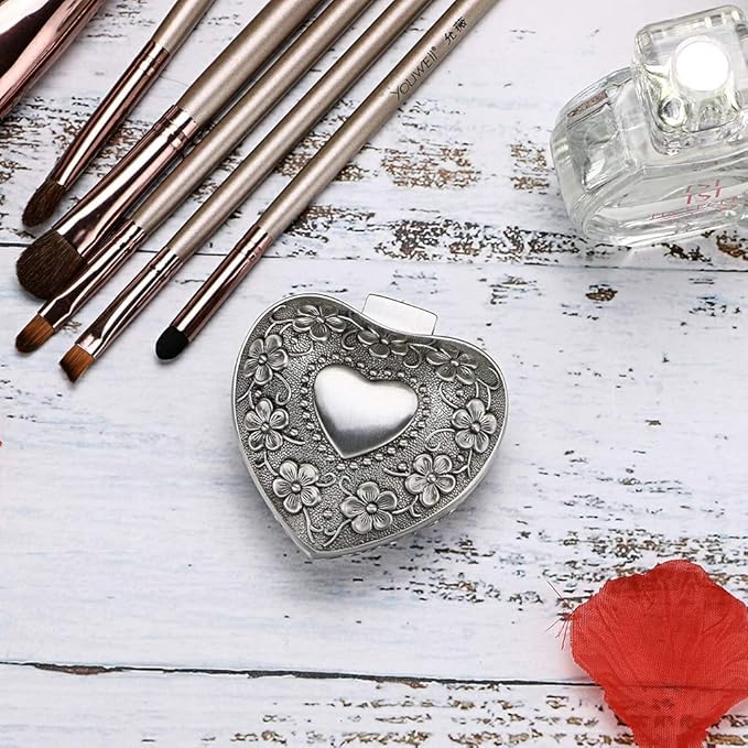 Hipiwe Vintage Heart Shape Jewelry Box - Small Antique Ring/Earrings/Necklace Storage Organizer Case, Metal Treasure Chest Trinket Keepsake Gift Box for Women