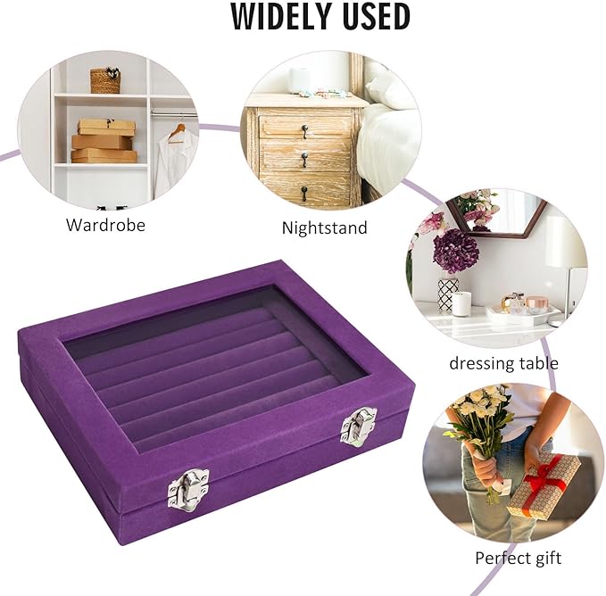 Vicoter Rings Organizer Tray 7 Slots Velvet Jewelry Earring Storage Box with Transparent lid Jewelry Display Case for Girls Wife Mom Women (Purple)