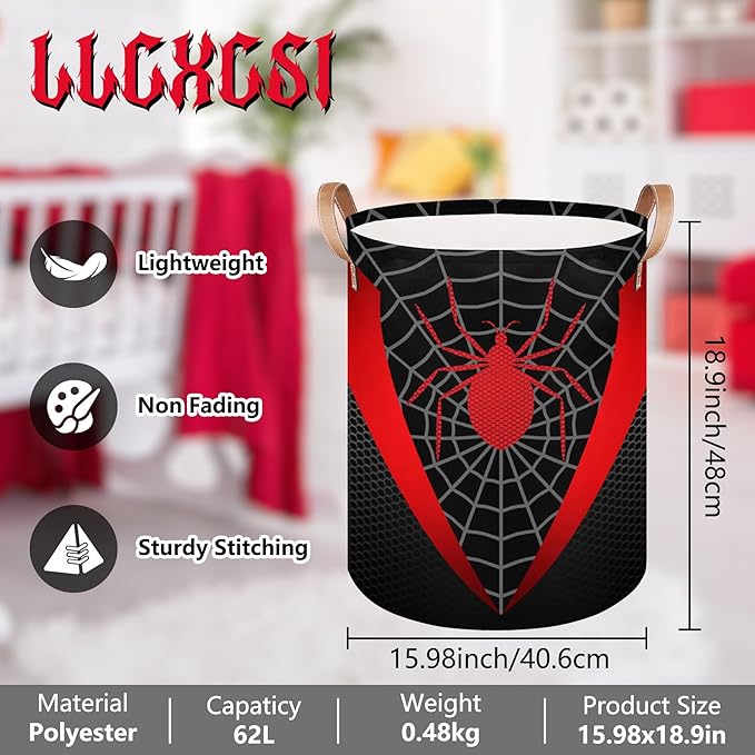 Black Spider Web Large Laundry Hamper Basket, Round Collapsible Storage Organizer Bin for Kids, Boys, Nursery, Closet, Bedroom, Playroom, Toys, Dirty Clothes, 16" W x 20" H
