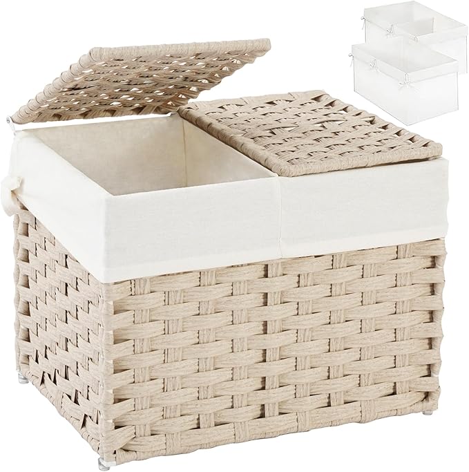 SETVSON Storage Basket with Lid Woven Wicker Baskets with 2 Separate Lid, 9.2 Gallon (35 L) Wicker Storage Bins with Handles, Foldable and 2 Removable Liner Bags for Bedroom, Laundry Room Light Khaki