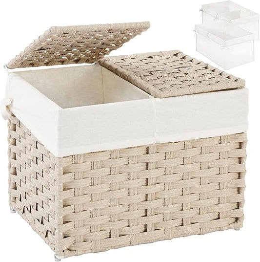 SETVSON Storage Basket with Lid Woven Wicker Baskets with 2 Separate Lid, 9.2 Gallon (35 L) Wicker Storage Bins with Handles, Foldable and 2 Removable Liner Bags for Bedroom, Laundry Room Light Khaki